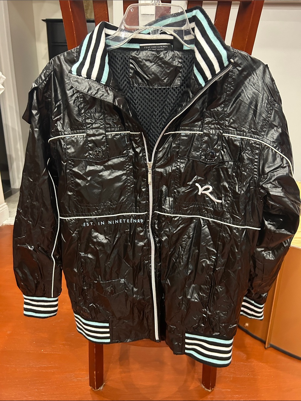 Rocawear Black Puffer Jacket with White & Light Blue Stripes